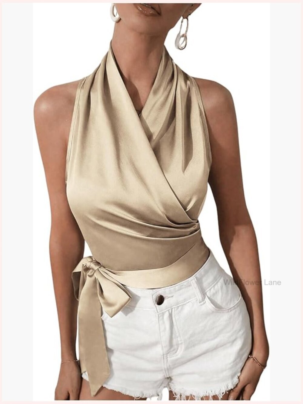 Satin Wrap V Neck Sleeveless Tie Side Crop Top Blouse